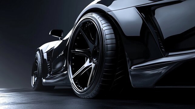 Primer plano de un coche deportivo negro con dise&ntilde;o aerodin&aacute;mico y llantas brillantes, capturado bajo iluminaci&oacute;n suave en un ambiente oscuro y elegante