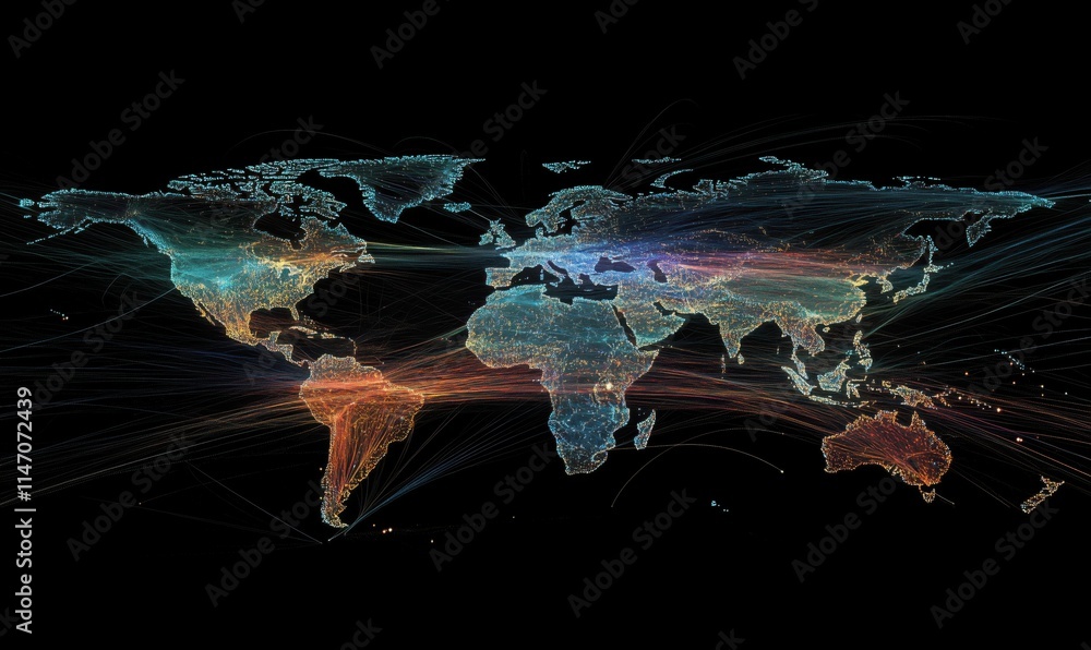 Poster global connectivity visualization with colorful data flow representations across continents and ocea