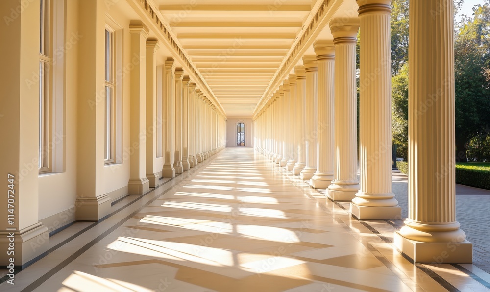 Poster elegant corridor with classical columns and soft sunlight casting shadows on polished floor