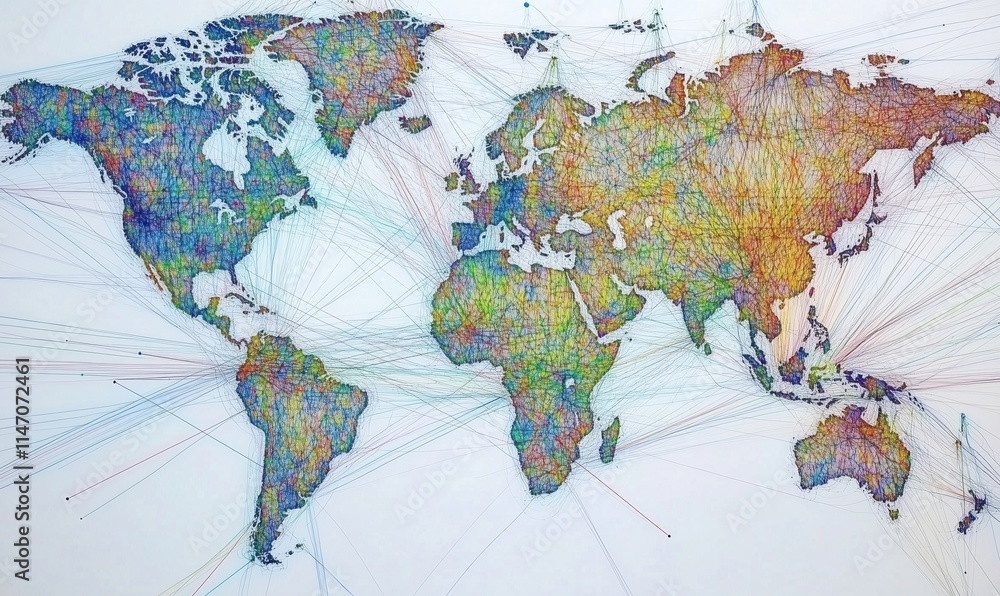 Poster colorful world map with intricate string connections representing global interactions and relationsh