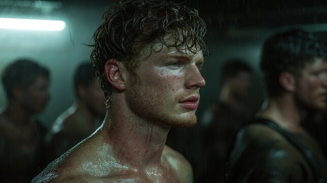 A young, bloody, shirtless man with red hair in a locker room.
