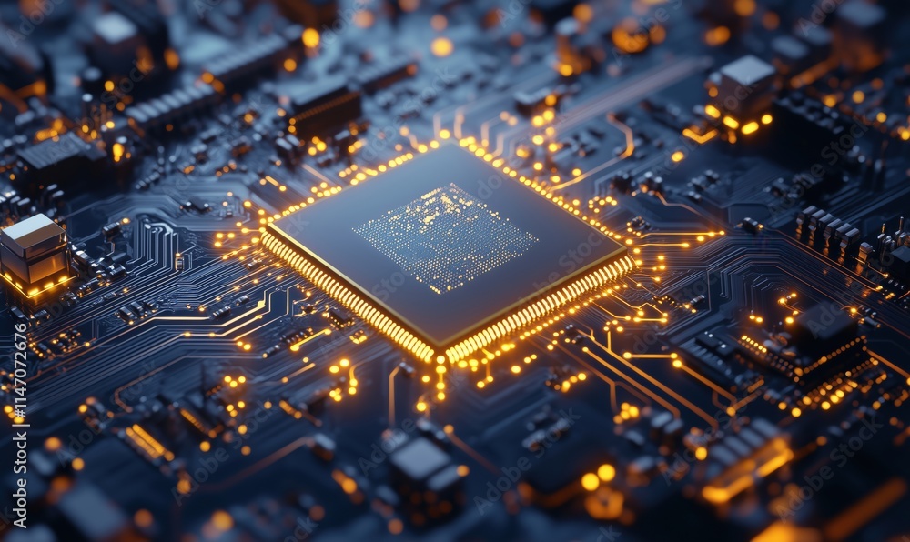 Poster microchip circuit board with glowing connections and complex design, high-tech electronics, digital 