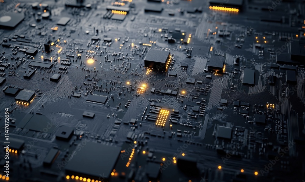 Poster futuristic circuit board with glowing components, intricate patterns, and dark background showcasing