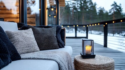 A white couch sitting on top of a wooden deck next to a table