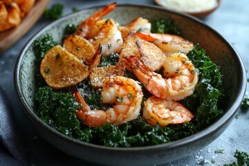 Fototapeta premium Grilled Shrimp Salad with Kale and Crispy Croutons