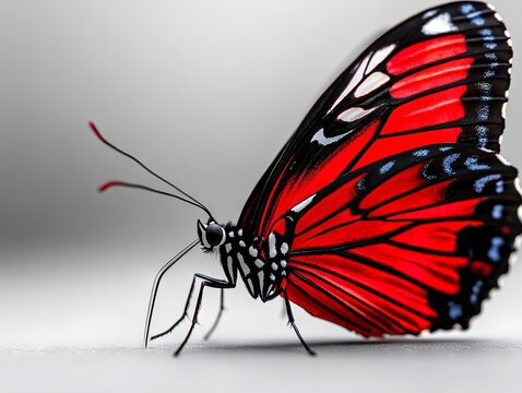 A red and black butterfly sitting on top of a white surface