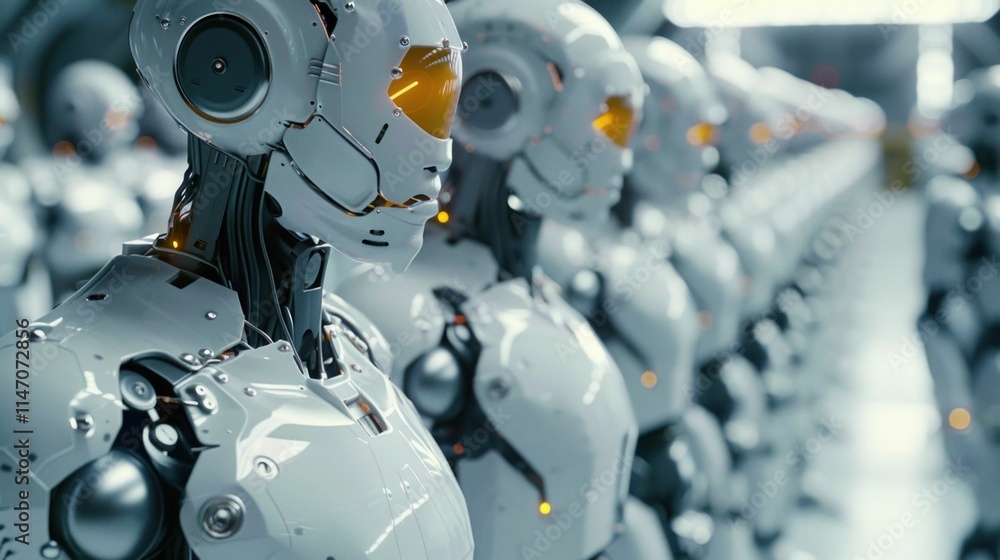 Poster robots, technology, automation, futuristic design, sci fi a row of humanoid robots with detailed mec