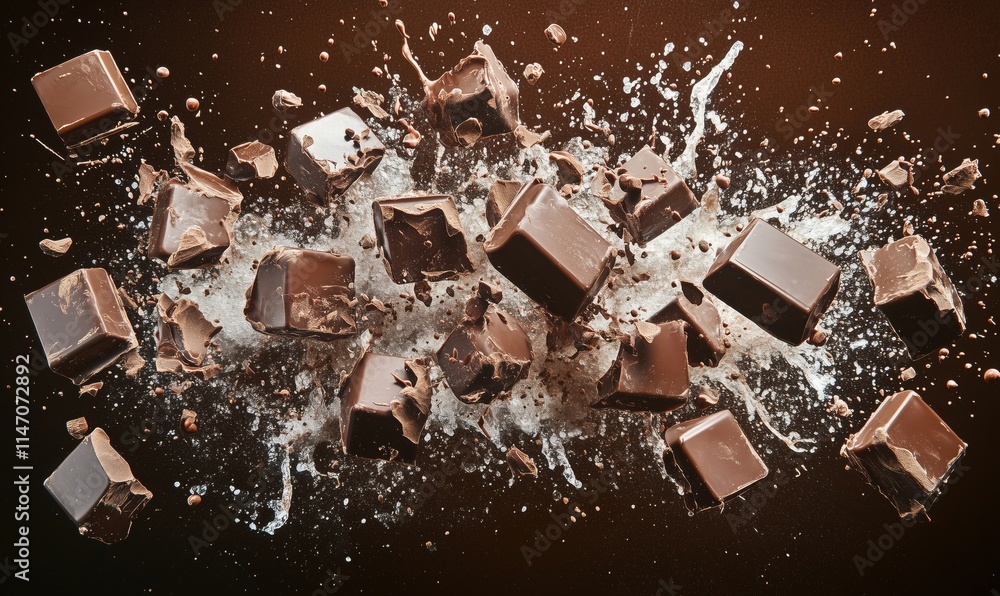 Poster chocolate explosion with splashes of milk and flying chocolate pieces creating dynamic visual impact