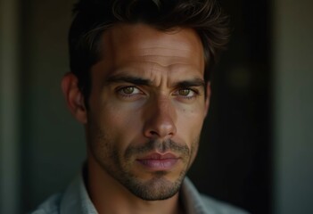 Fototapeta premium A close-up portrait of a man with a serious expression.
