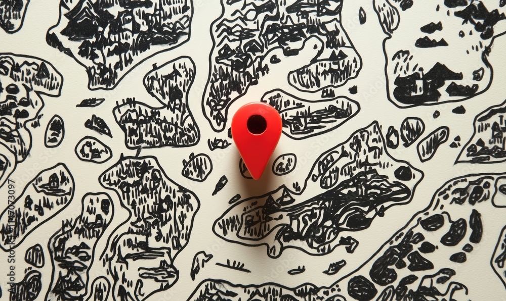 Poster red location pin on abstract map background depicting islands and landforms, emphasizing navigation 