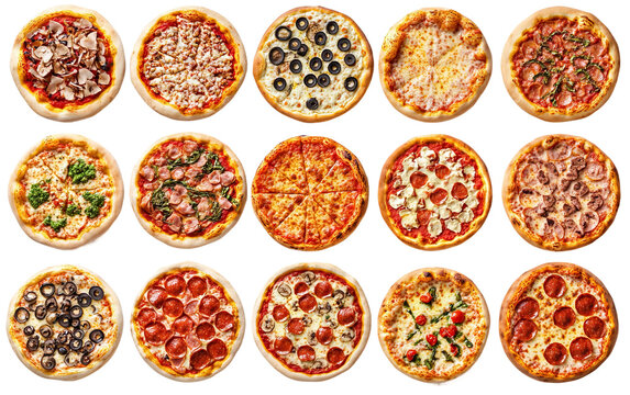A set of different types of pizzas on a white background