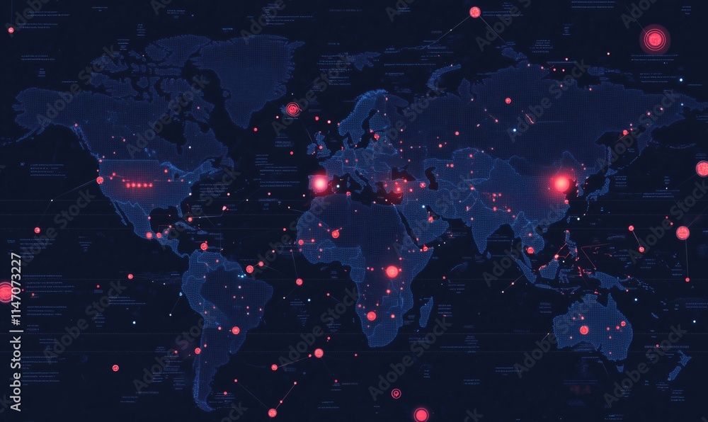 Poster global network map with data points and connections visualizing information flow across continents
