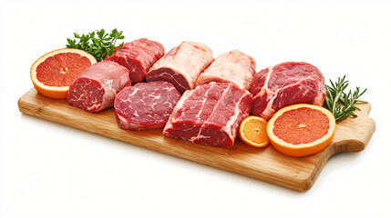 Fototapeta premium Premium Cuts of Beef on Wooden Board with Citrus Fruits