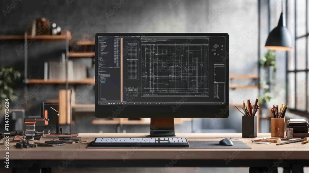 Poster modern engineering desk showcasing a computer workstation with blueprints and creative workspace ele