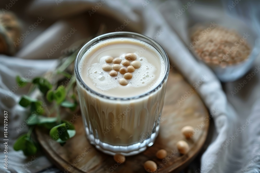 Poster glass of soy milk with soybeans arranged in heart shape is standing on wooden board with soy beans a