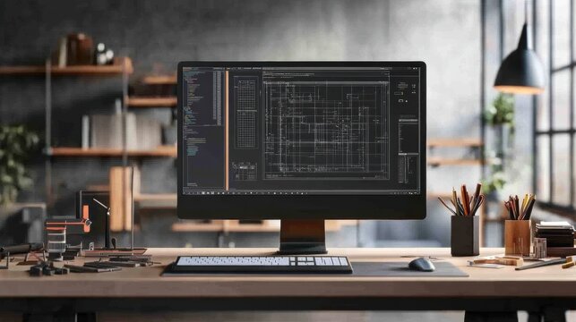 Modern engineering desk showcasing a computer workstation with blueprints and creative workspace elements in a stylish environment. Generative AI