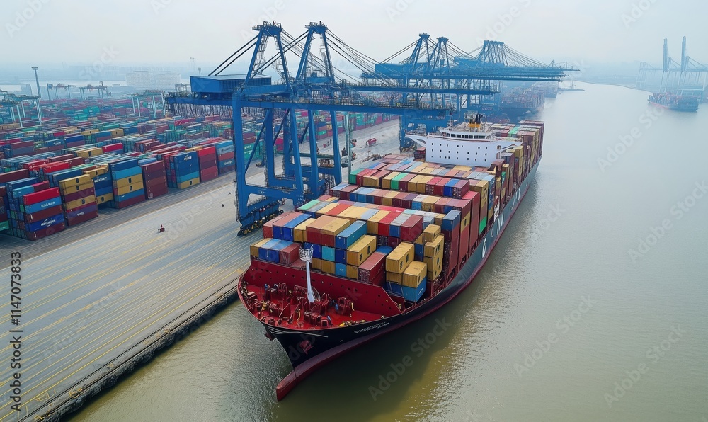 Poster container ship docked at busy port with cranes and stacked cargo containers