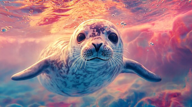 Adorable seal pup swimming underwater, sunset colors.