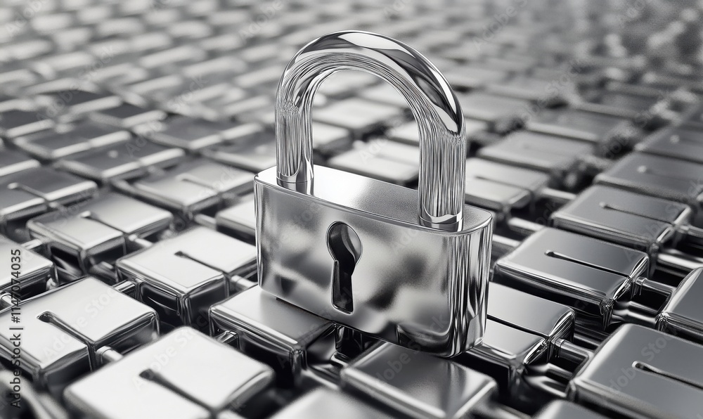 Poster shiny metallic padlock on a background of silver keys, symbolizing security and protection of inform