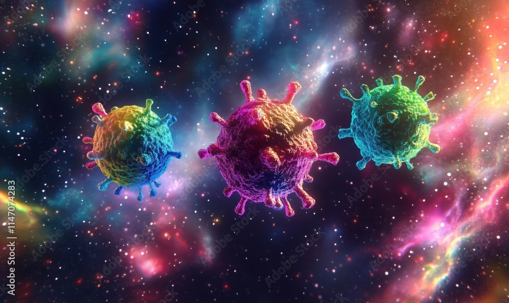 Poster colorful 3d virus models floating in cosmic space with stars and nebulae background