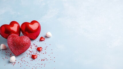 Obraz premium Red glittery and glossy hearts arranged with small decorations on a light blue textured background with copy space.