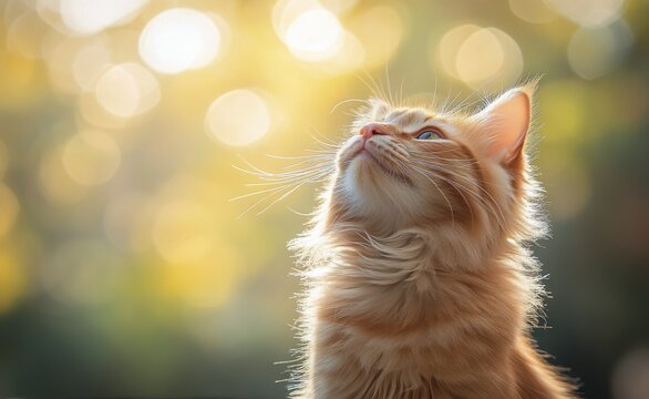 Majestic ginger cat gazes up at sparkling lights during a serene evening in a garden, capturing a moment of