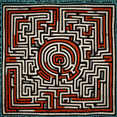 A complex, colorful illustration of a labyrinth with stylized characters in red, hearts and various symbols. The center of the labyrinth contains a central symbol surrounded by concentric lines.