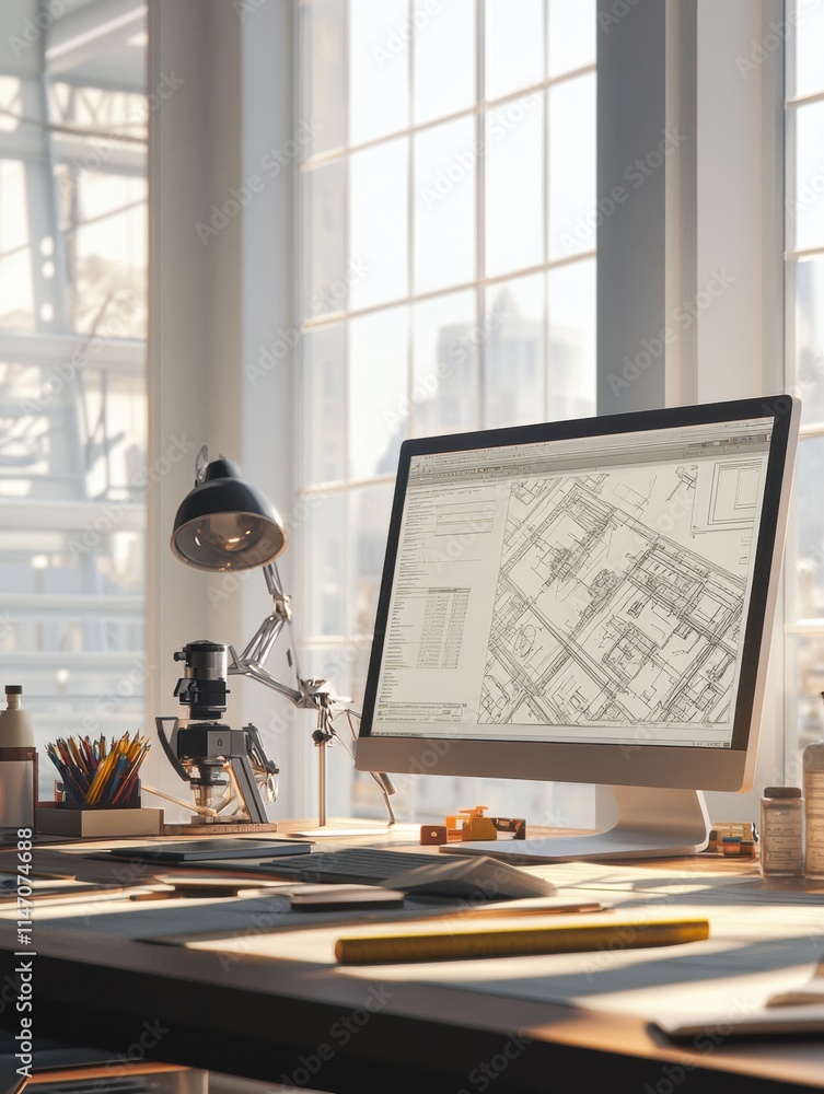 Aufkleber Modern engineering desk with detailed blueprint and organized workspace near bright windows in a contemporary office. Generative AI