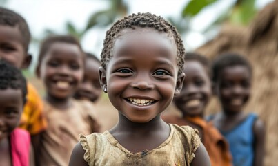 Joyful children smiling in rural setting, showcasing happiness and community spirit, vibrant expressions, cultural diversity, natural environment