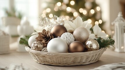 Obraz premium Wire basket full of toys for Christmas or Christmas tree, gold vintage ornaments holiday garland decorations