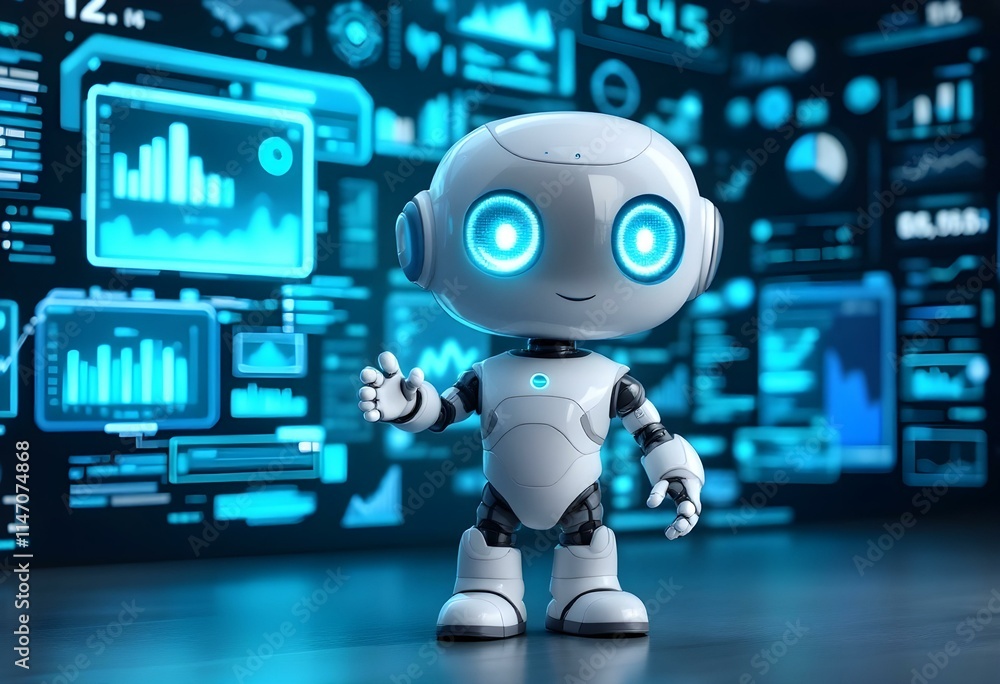Poster friendly white robot with glowing blue eyes against digital analytics dashboard background. futurist