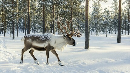 Obraz premium Majestic reindeer walks through serene snowy forest, sunlight fi