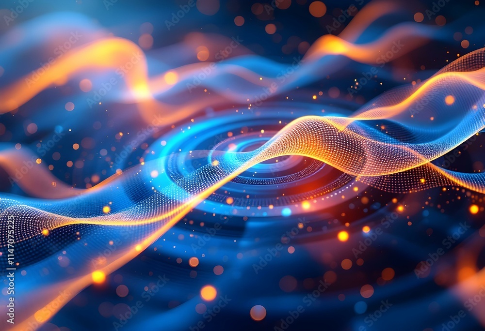 Poster dynamic blue and orange wave pattern with glowing particles. abstract digital flow background with l