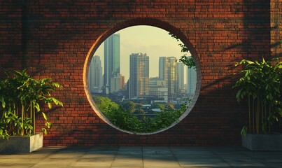 Urban skyline view through circular brick window, showcasing modern architecture and greenery, vibrant city life, and serene atmosphere