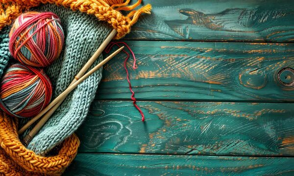 Knitting yarn balls with needles on wooden table