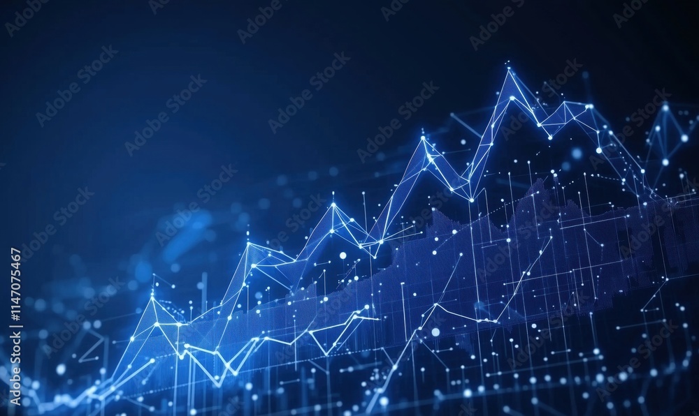 Poster data visualization with blue line graph depicting upward trend, digital technology background with g