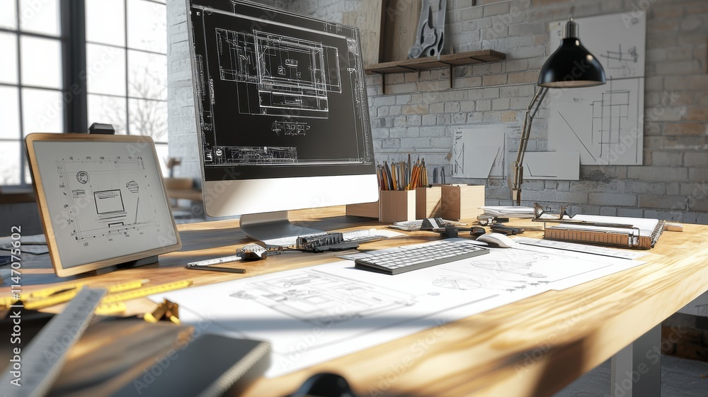 Poster modern engineering desk with workspace and digital tools in a bright and open setting. generative ai
