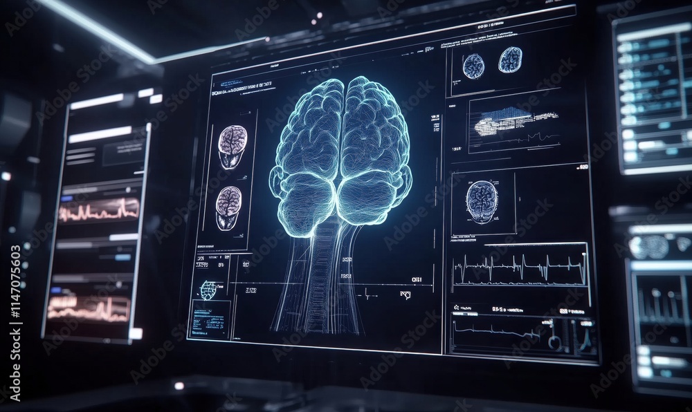 Poster 3d brain visualization with medical data analysis and monitoring interfaces