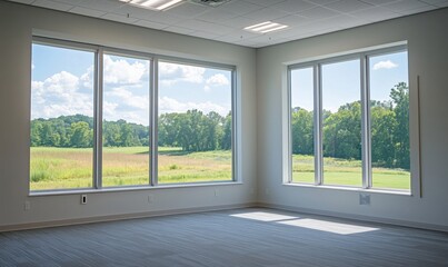 Spacious modern office with large windows showcasing scenic outdoor view of green landscape and blue sky