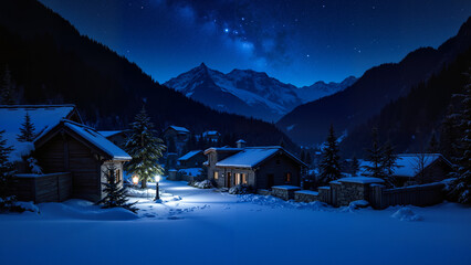 Fototapeta premium Village in the mountans, winter landscape in the mountains. Night. 