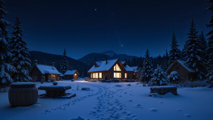 Village in the mountans, winter landscape in the mountains. Night. 