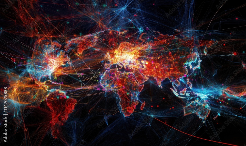 Poster global connectivity visualization with colorful data streams representing internet traffic and commu