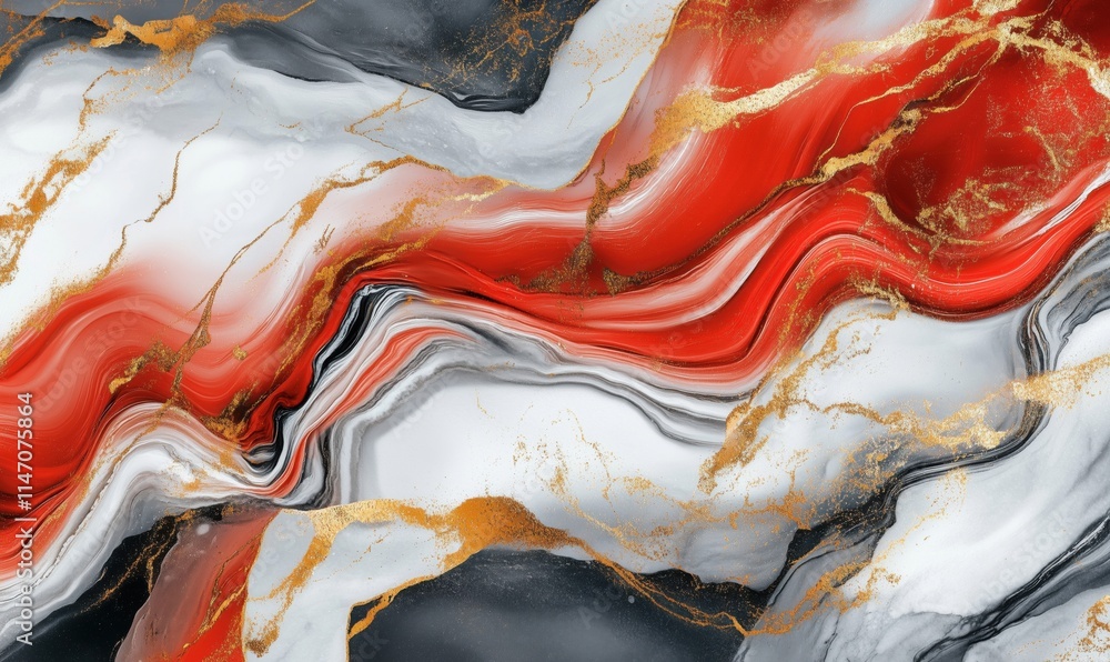 Poster abstract fluid art with red, white, black, and gold swirls creating a dynamic and elegant compositio