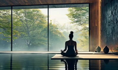 Person meditating in serene indoor pool area with forest view