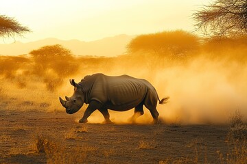 Fototapeta premium Majestic rhinoceros strides through golden dust, showcasing wild