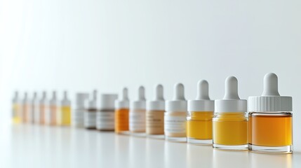 Brightly colored bottles in row showcase various liquid formulat