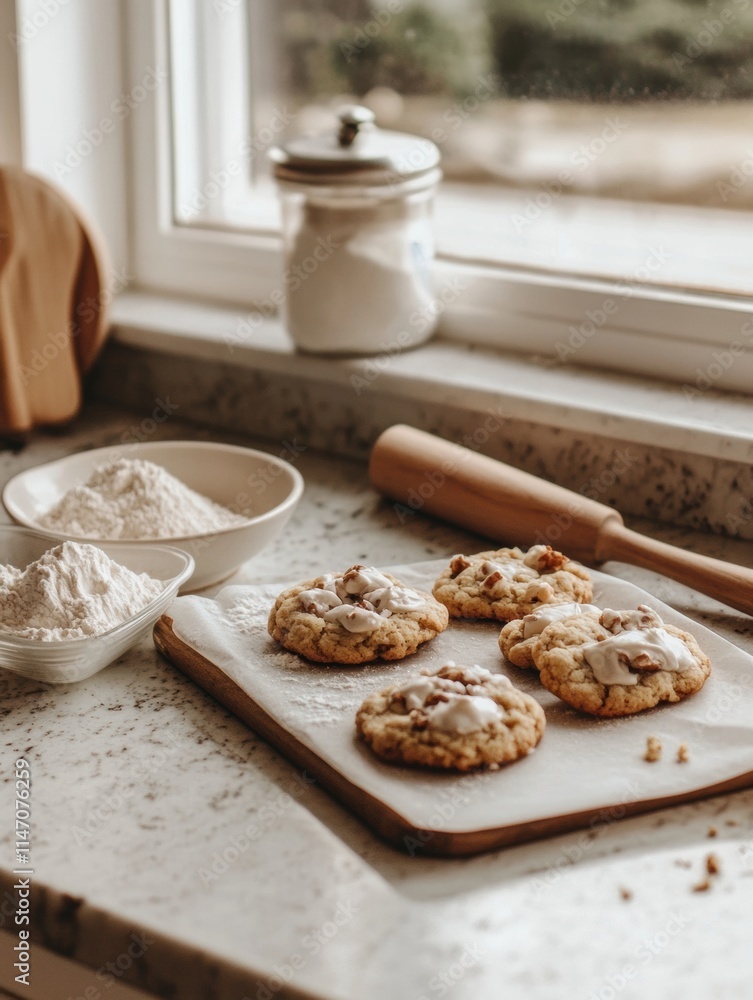 Poster freshly baked cookies cooling on a kitchen countertop with space for additional elements and ingredi