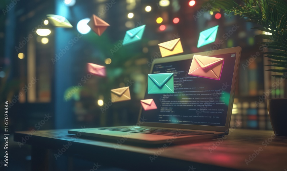 Poster email notifications floating above laptop screen with colorful envelopes, representing digital commu