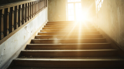 Fototapeta premium Sunlight illuminates a dusty wooden staircase in an abandoned mansion, highlighting the need for restoration and creating a captivating atmosphere