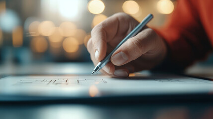 Architect drawing technical design with digital stylus on tablet, working near drafting plans in modern workspace